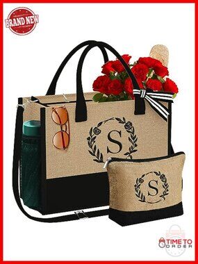 Personalized Initial Jute Tote Bag with Makeup Bag, Monogram Embroidery